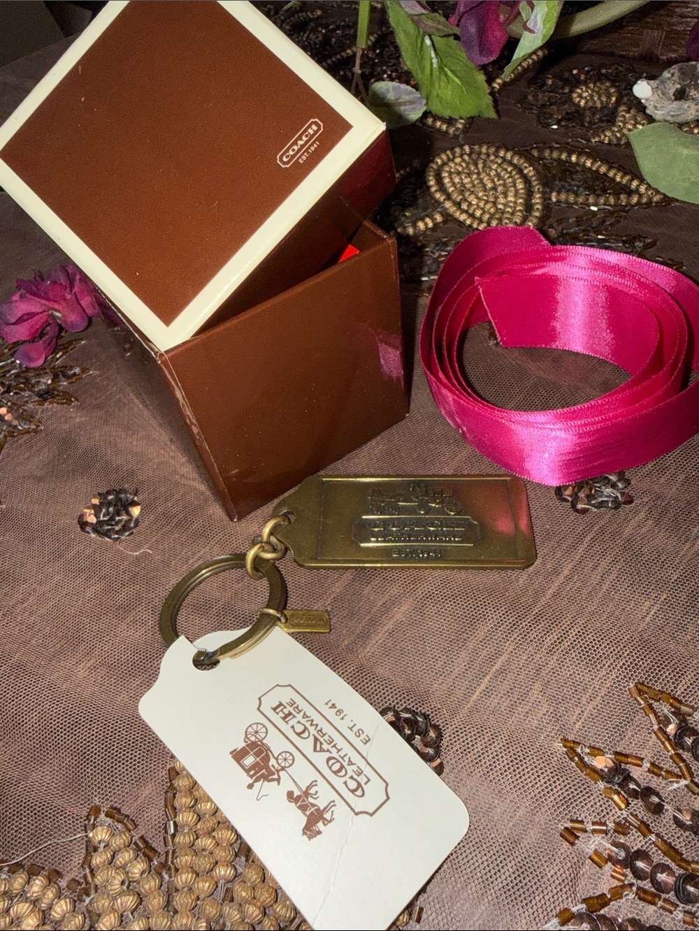 Coach NWT Brass Key Tag with Bright Pink Ribbon WITH BOX